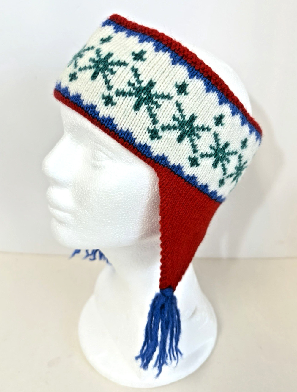 Hand Knit Wool Earflap Headband Nordic Fair Isle Snowflake Tassel Winter MN